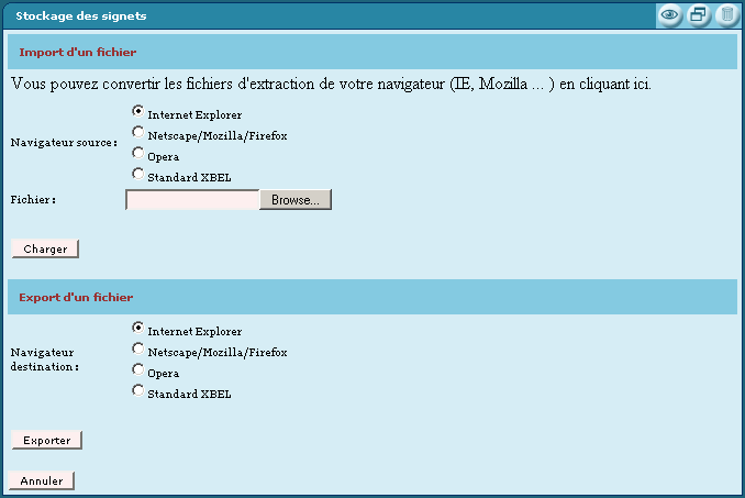 Interface d'importation et d'exportation de signets